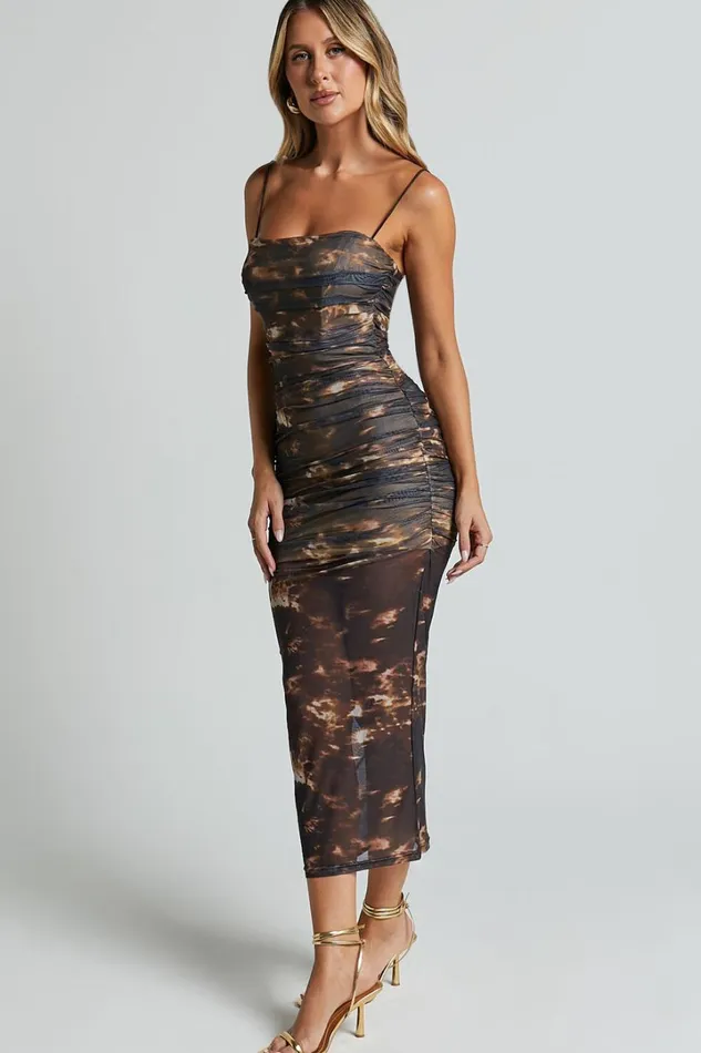 Ashlyn Midi Dress 8211 Ruched Mesh Strapless Dress In Brown Women Showpo Dresses