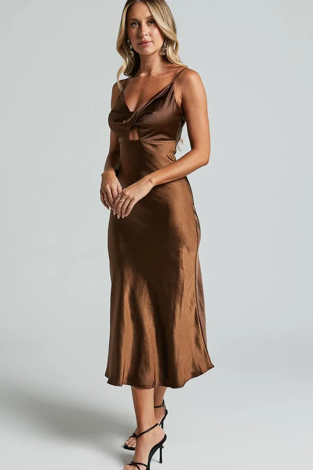Astoria Midi Dress 8211 Satin Bias Cut Twist Front Cut Out Dress In Chocolate Women Showpo Dresses