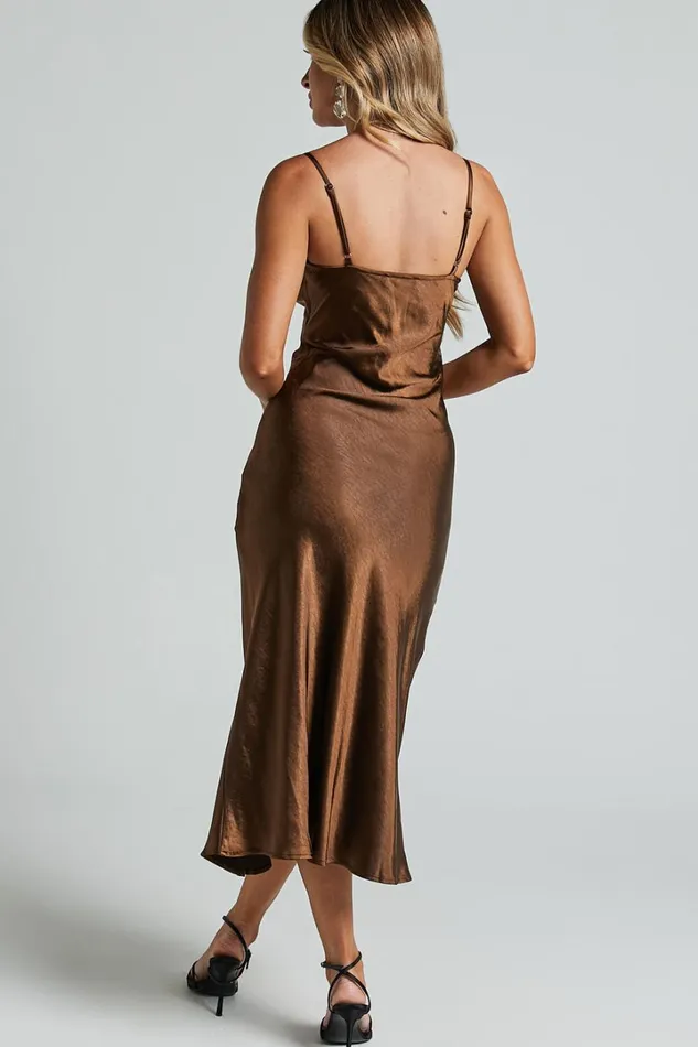 Astoria Midi Dress 8211 Satin Bias Cut Twist Front Cut Out Dress In Chocolate Women Showpo Dresses