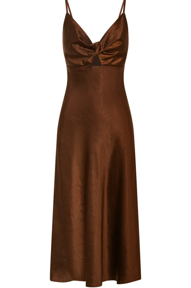 Astoria Midi Dress 8211 Satin Bias Cut Twist Front Cut Out Dress In Chocolate Women Showpo Dresses