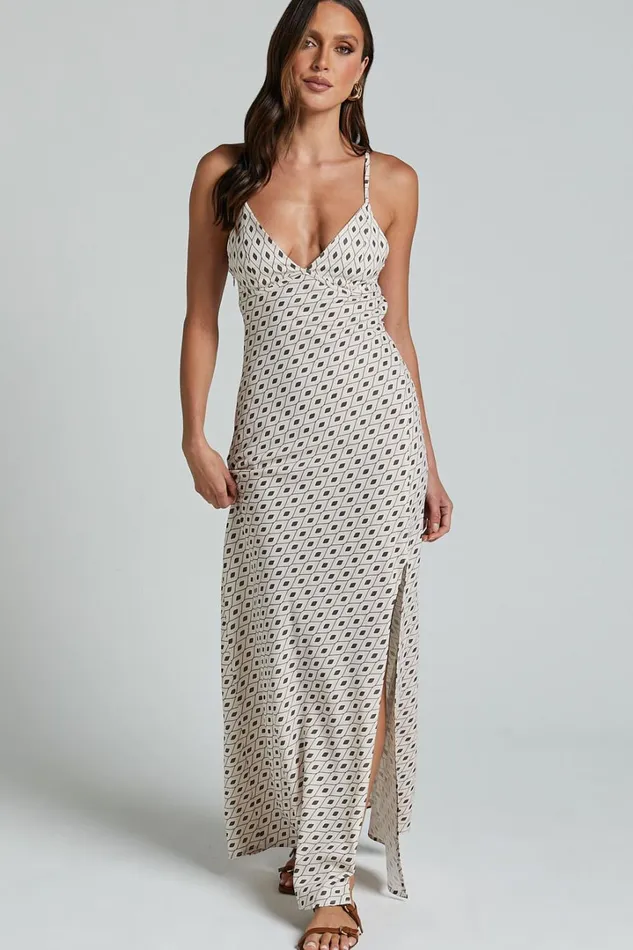 Audrey Midi Dress 8211 V Neck Cross Back Slip Dress In Cream Brown Geo Women Showpo Dresses