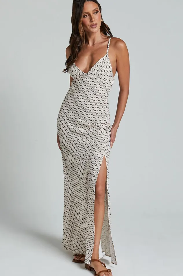 Audrey Midi Dress 8211 V Neck Cross Back Slip Dress In Cream Brown Geo Women Showpo Dresses