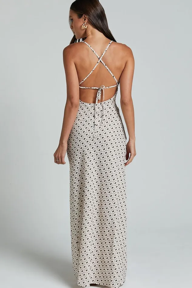 Audrey Midi Dress 8211 V Neck Cross Back Slip Dress In Cream Brown Geo Women Showpo Dresses