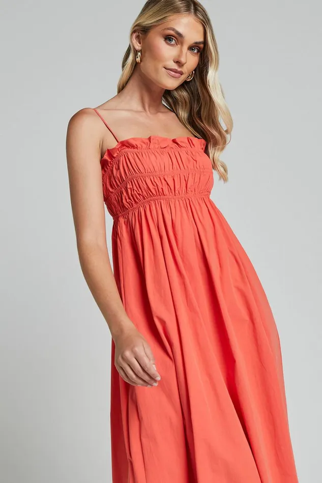 Aurora Midi Dress 8211 Straight Neckline Sleeveless Dress In Orange Red Women Showpo Maternity Clothes