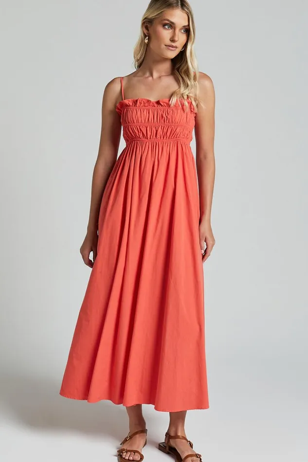 Aurora Midi Dress 8211 Straight Neckline Sleeveless Dress In Orange Red Women Showpo Maternity Clothes