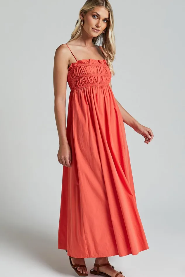 Aurora Midi Dress 8211 Straight Neckline Sleeveless Dress In Orange Red Women Showpo Maternity Clothes