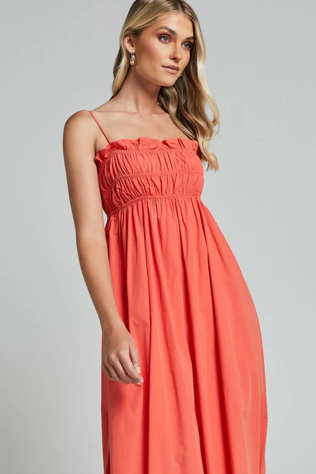 Aurora Midi Dress 8211 Straight Neckline Sleeveless Dress In Orange Red Women Showpo Maternity Clothes