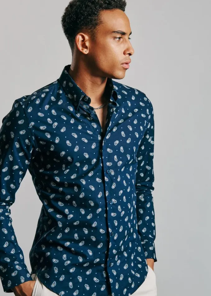 Ben Sherman Archive Print Shirts Men Micro Paisley Print Shirt 8211 Dark Navy
