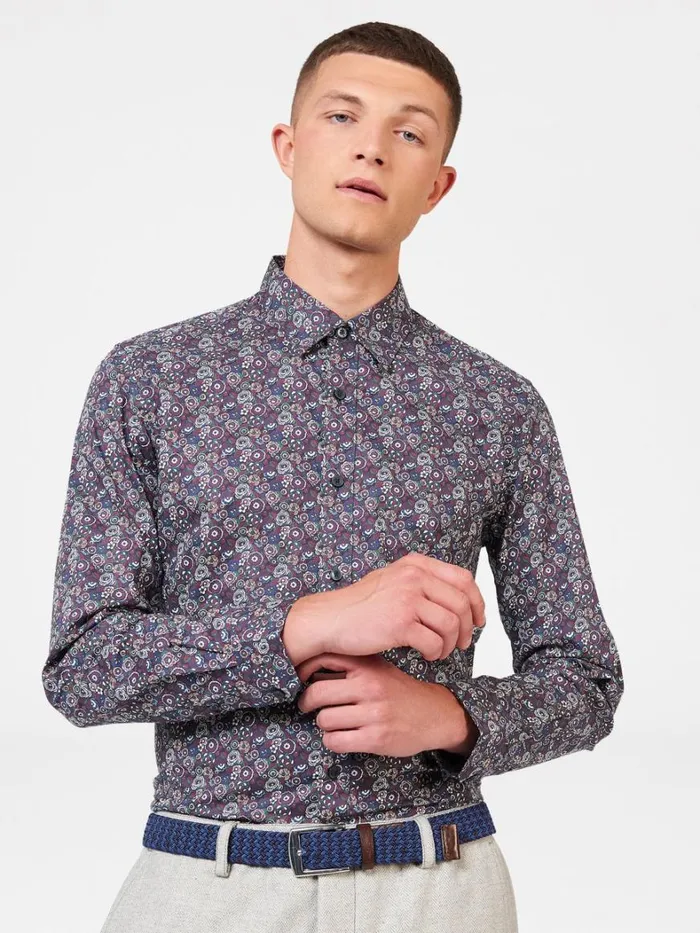 Ben Sherman Long Sleeve Shirts Men Winter Floral Print Shirt 8211 Plum