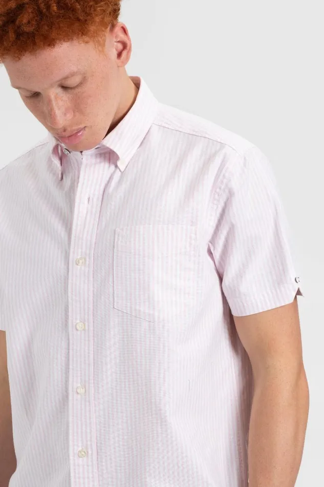 Ben Sherman Oxford Shirts Men Short Sleeve Brighton Oxford Organic Shirt 8211 Pink Bengal Stripe