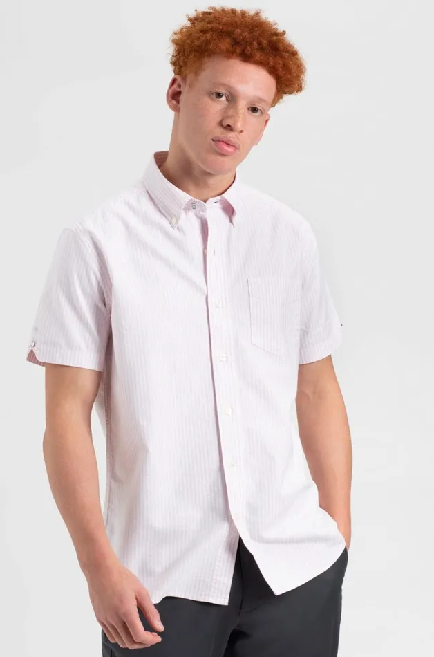 Ben Sherman Oxford Shirts Men Short Sleeve Brighton Oxford Organic Shirt 8211 Pink Bengal Stripe