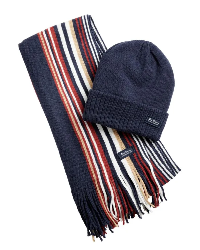 Ben Sherman Scarves and Cold Weather Men Rochelle Knit Scarf and Hat Set 8211 Navy BlazerCornstalkSunDried Tomato