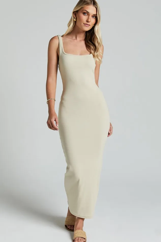 Bernadelle Midi Dress 8211 Square Neckline Bodycon Dress In Beige Women Showpo Basics