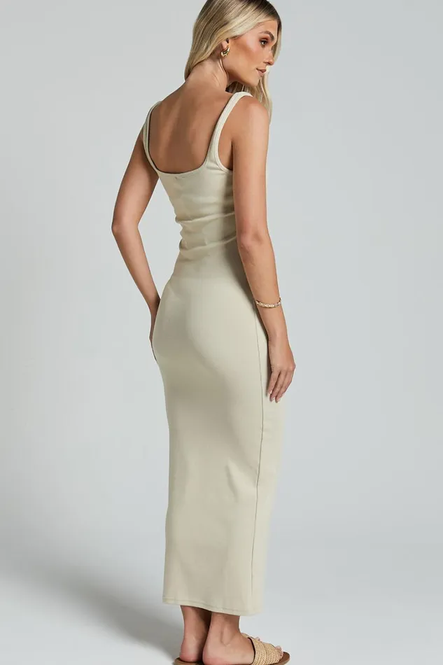 Bernadelle Midi Dress 8211 Square Neckline Bodycon Dress In Beige Women Showpo Basics