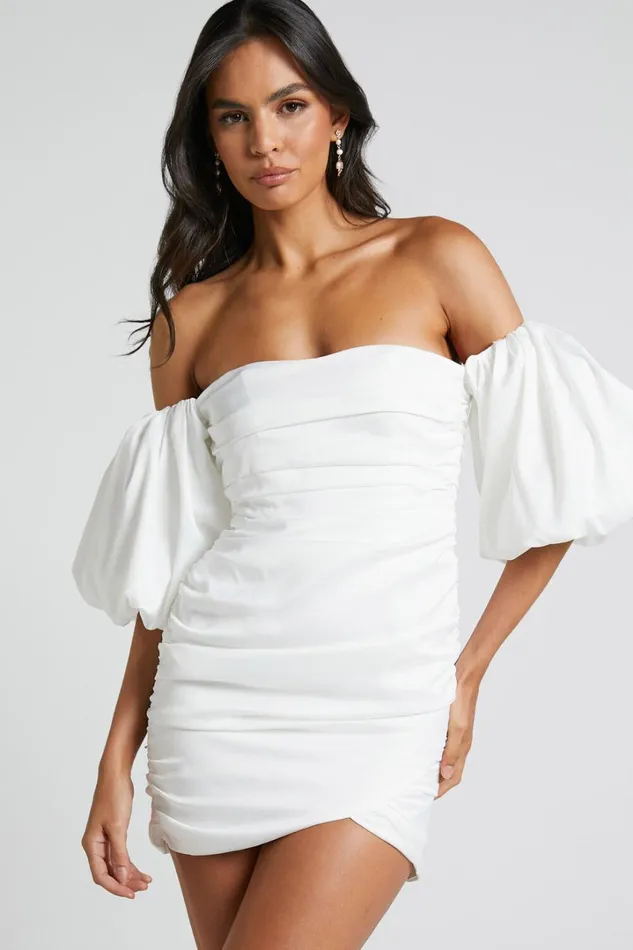 Betty Mini Dress 8211 Off Shoulder Puff Sleeve Gathered Dress In White Women Showpo Curve Clothes