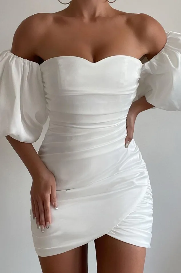 Betty Mini Dress 8211 Off Shoulder Puff Sleeve Gathered Dress In White Women Showpo Curve Clothes