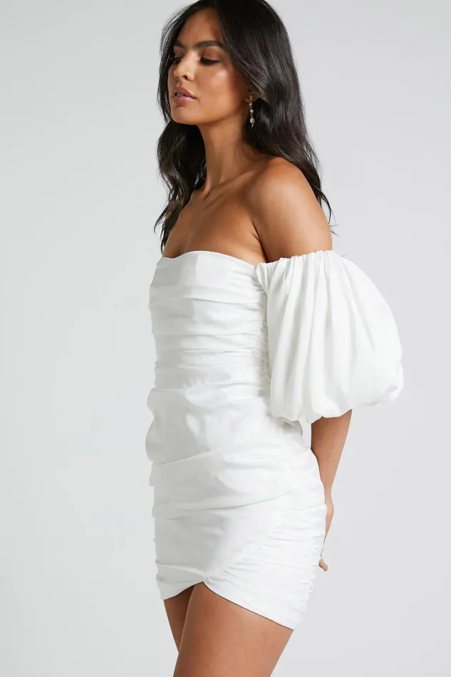 Betty Mini Dress 8211 Off Shoulder Puff Sleeve Gathered Dress In White Women Showpo Curve Clothes