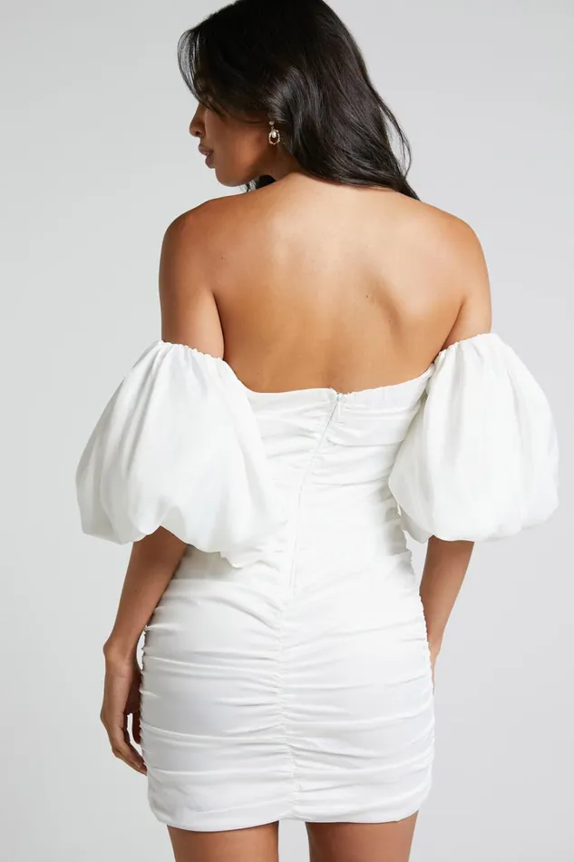 Betty Mini Dress 8211 Off Shoulder Puff Sleeve Gathered Dress In White Women Showpo Curve Clothes