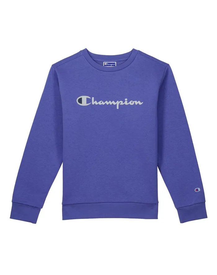 Big Kids Powerblend Crew Classic Script Logo Stone Crush Blue Kids Champion Hoodies and Sweatshirts