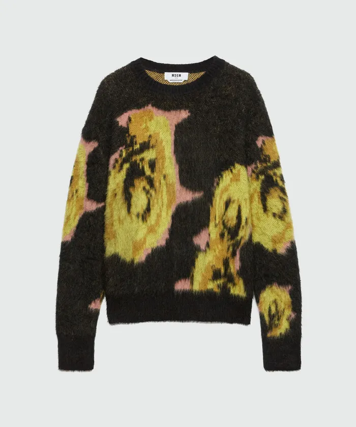 Black 034Underground Pixelled Roses034 Blended Wool Mohair Sweater Men MSGM Knitwear