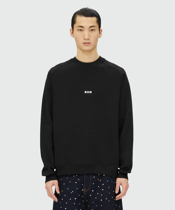 Black Cotton Sweatshirt With White Micro Logo Print Men MSGM Hoodies And Sweatshirts