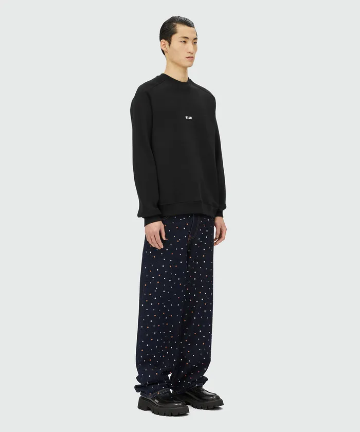 Black Cotton Sweatshirt With White Micro Logo Print Men MSGM Hoodies And Sweatshirts