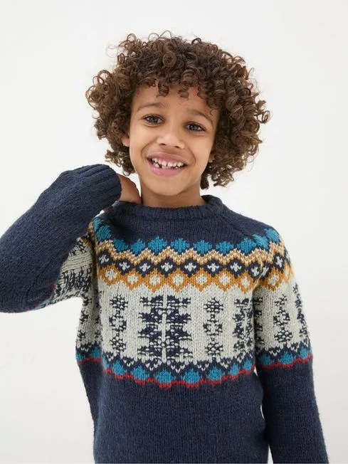 Boys Fatface Knitwear Blue Fair Isle Yoke Jumper