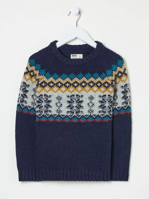 Boys Fatface Knitwear Blue Fair Isle Yoke Jumper