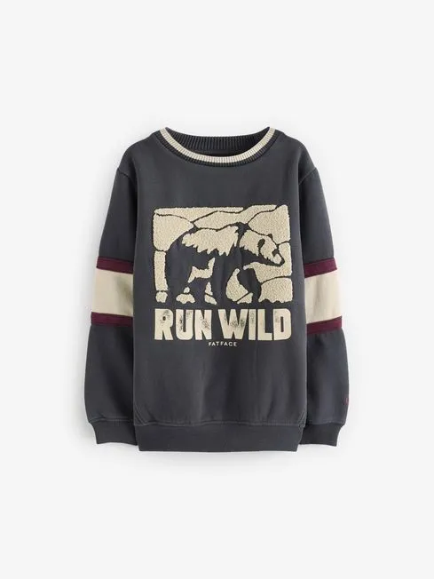 Boys Fatface Sweatshirts and Hoodies Charcoal Run Wild Crew Sweat Top