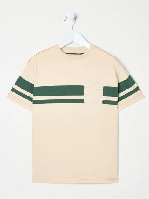 Boys Fatface TShirts and Polos Light Natural Chest Stripe 100 Cotton TShirt