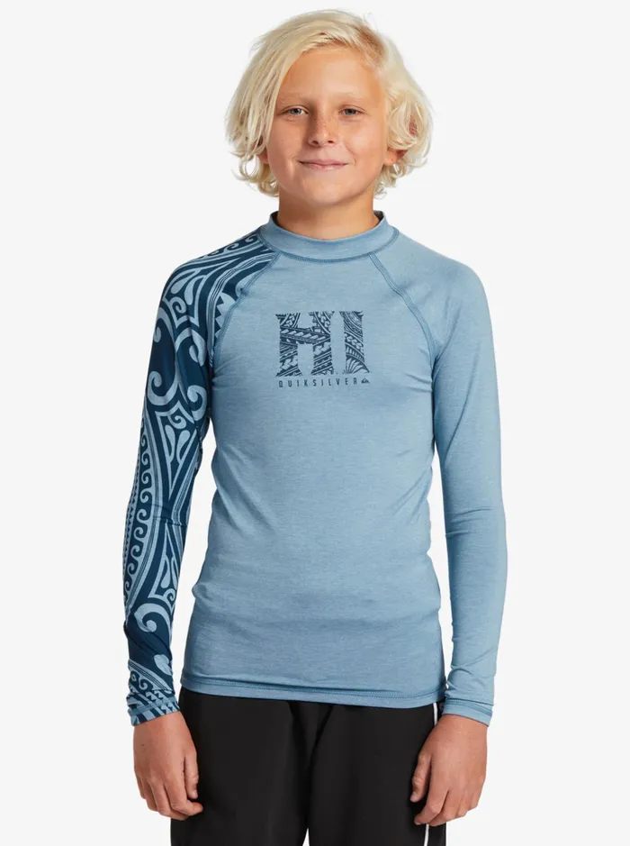 Boys Quiksilver Rashguards Boy039s 816 Hawaii Big Island UPF 50 Long Sleeve Surf Tee Provincial Blue Heather