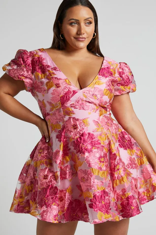 Brailey Jacquard Mini Dress 8211 Puff Sleeve Dress In Pink Women Showpo Curve Clothes