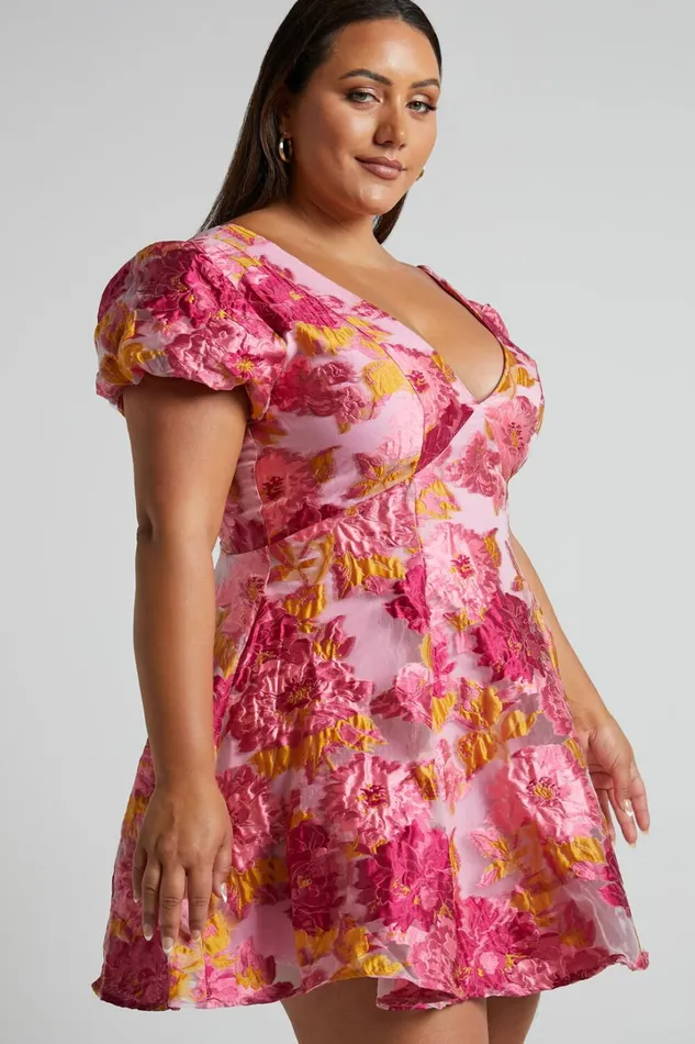 Brailey Jacquard Mini Dress 8211 Puff Sleeve Dress In Pink Women Showpo Curve Clothes