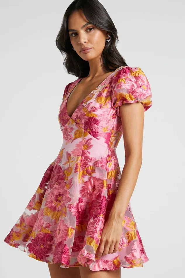 Brailey Jacquard Mini Dress 8211 Puff Sleeve Dress In Pink Women Showpo Curve Clothes