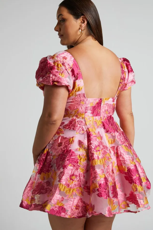 Brailey Jacquard Mini Dress 8211 Puff Sleeve Dress In Pink Women Showpo Curve Clothes