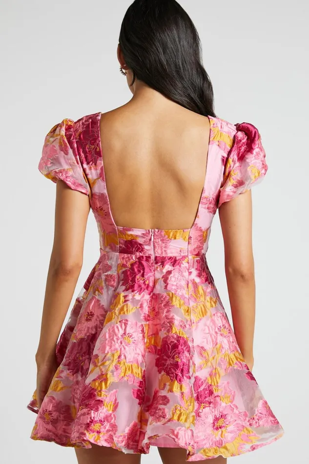 Brailey Jacquard Mini Dress 8211 Puff Sleeve Dress In Pink Women Showpo Curve Clothes