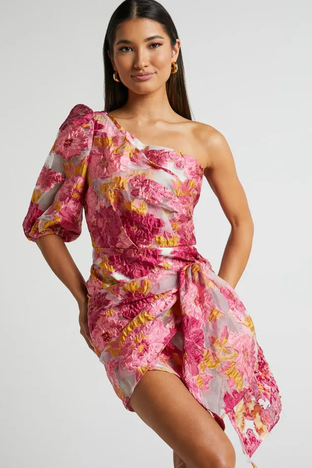 Brailey Mini Dress 8211 One Shoulder Puff Sleeve Dress In Pink Jacquard Women Showpo Curve Clothes Brailey Mini Dress 8211 One Shoulder Puff Sleeve Dress In Pink Jacquard Women Showpo Curve Clothes