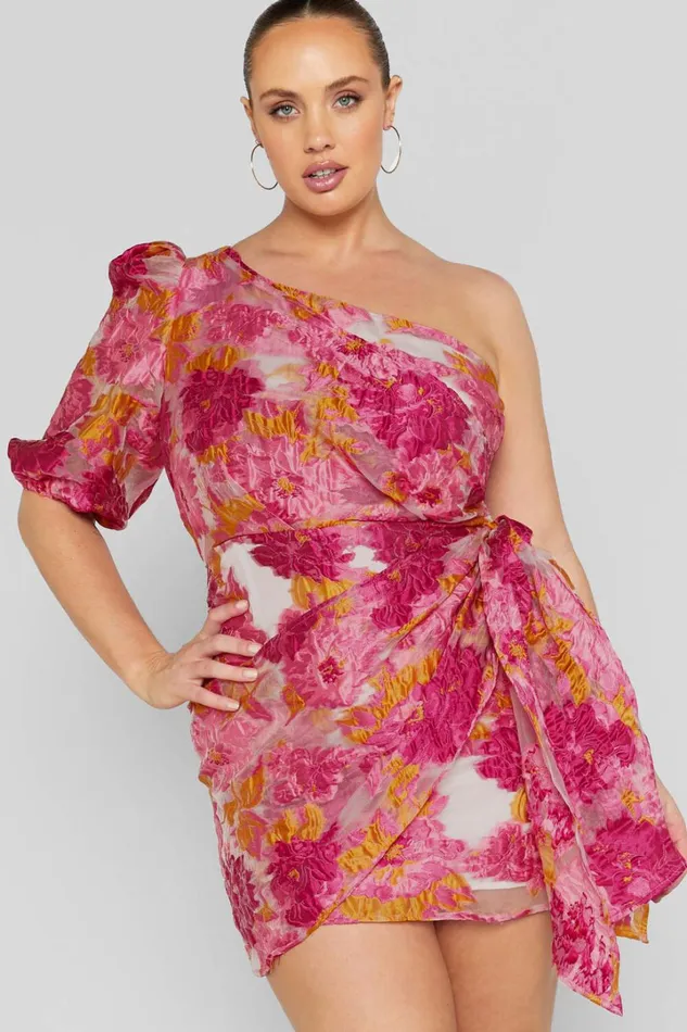 Brailey Mini Dress 8211 One Shoulder Puff Sleeve Dress In Pink Jacquard Women Showpo Curve Clothes