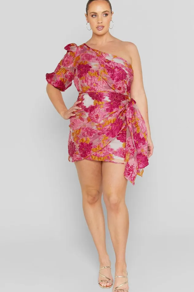Brailey Mini Dress 8211 One Shoulder Puff Sleeve Dress In Pink Jacquard Women Showpo Curve Clothes