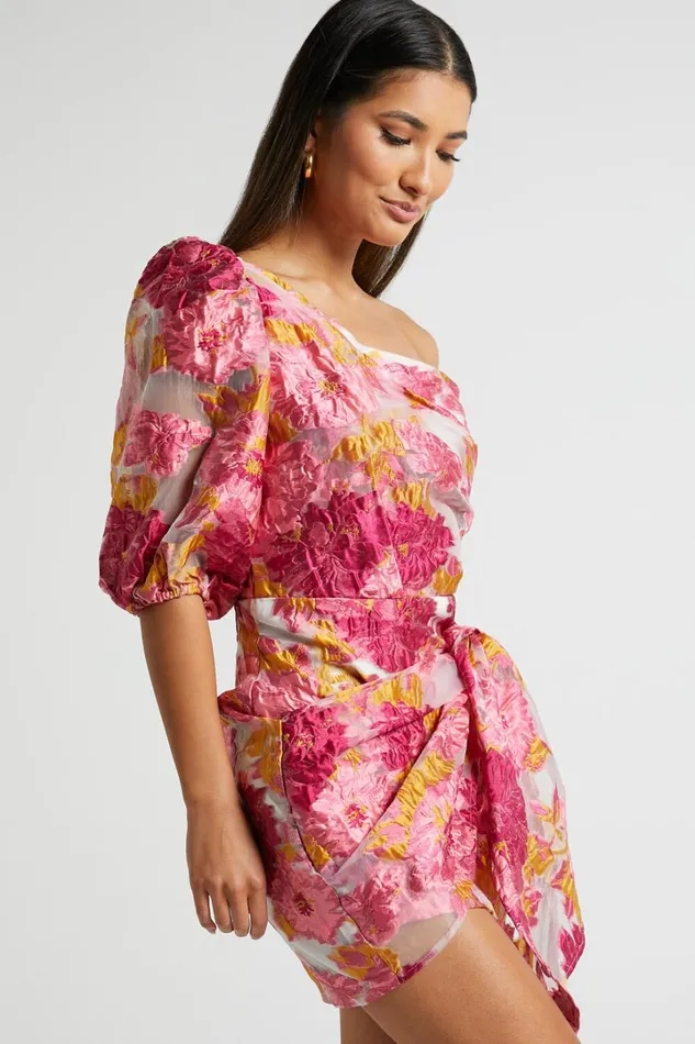 Brailey Mini Dress 8211 One Shoulder Puff Sleeve Dress In Pink Jacquard Women Showpo Curve Clothes