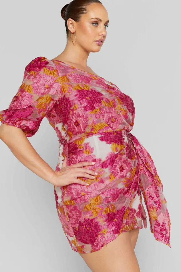 Brailey Mini Dress 8211 One Shoulder Puff Sleeve Dress In Pink Jacquard Women Showpo Curve Clothes