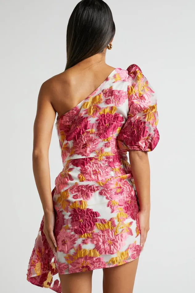 Brailey Mini Dress 8211 One Shoulder Puff Sleeve Dress In Pink Jacquard Women Showpo Curve Clothes