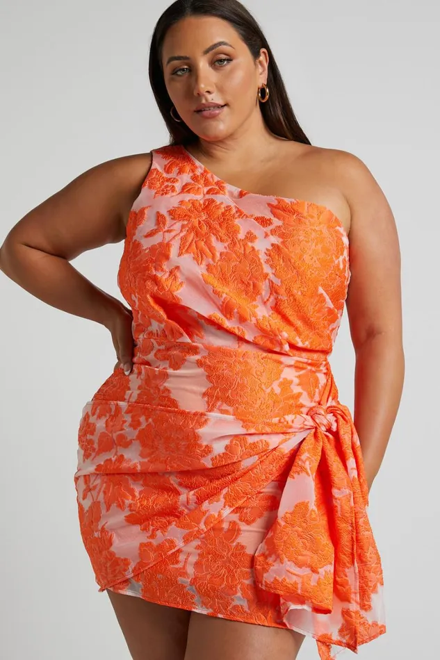 Brailey Mini Dress 8211 One Shoulder Wrap Front Dress In Orange Jacquard Women Showpo Curve Clothes