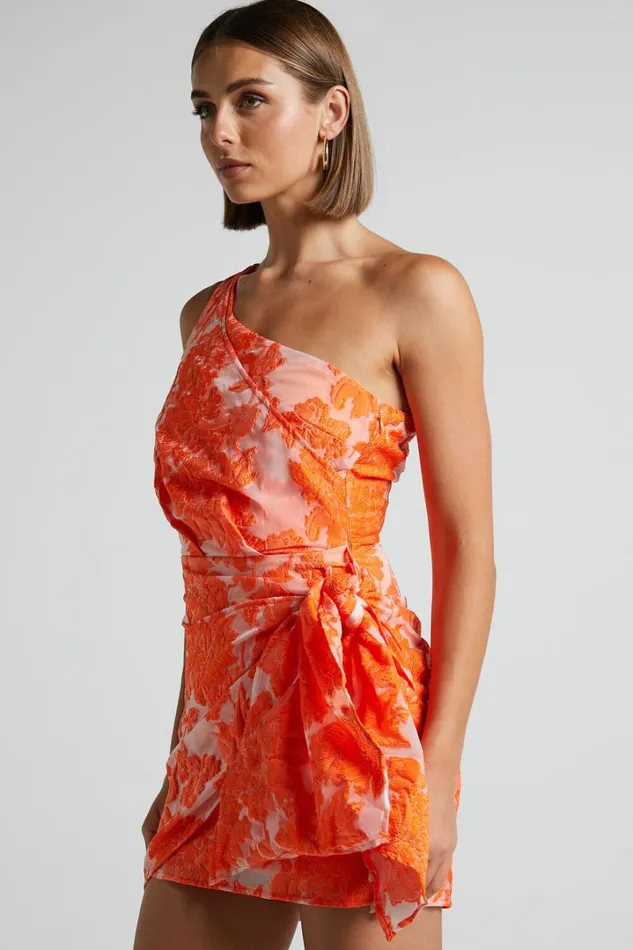 Brailey Mini Dress 8211 One Shoulder Wrap Front Dress In Orange Jacquard Women Showpo Curve Clothes