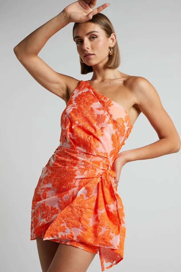 Brailey Mini Dress 8211 One Shoulder Wrap Front Dress In Orange Jacquard Women Showpo Curve Clothes