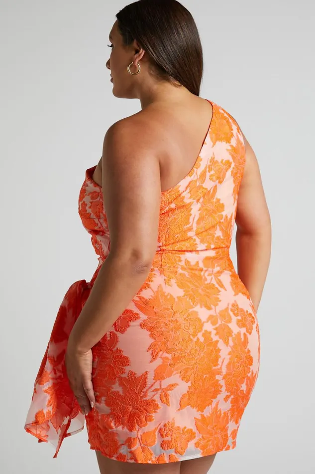 Brailey Mini Dress 8211 One Shoulder Wrap Front Dress In Orange Jacquard Women Showpo Curve Clothes