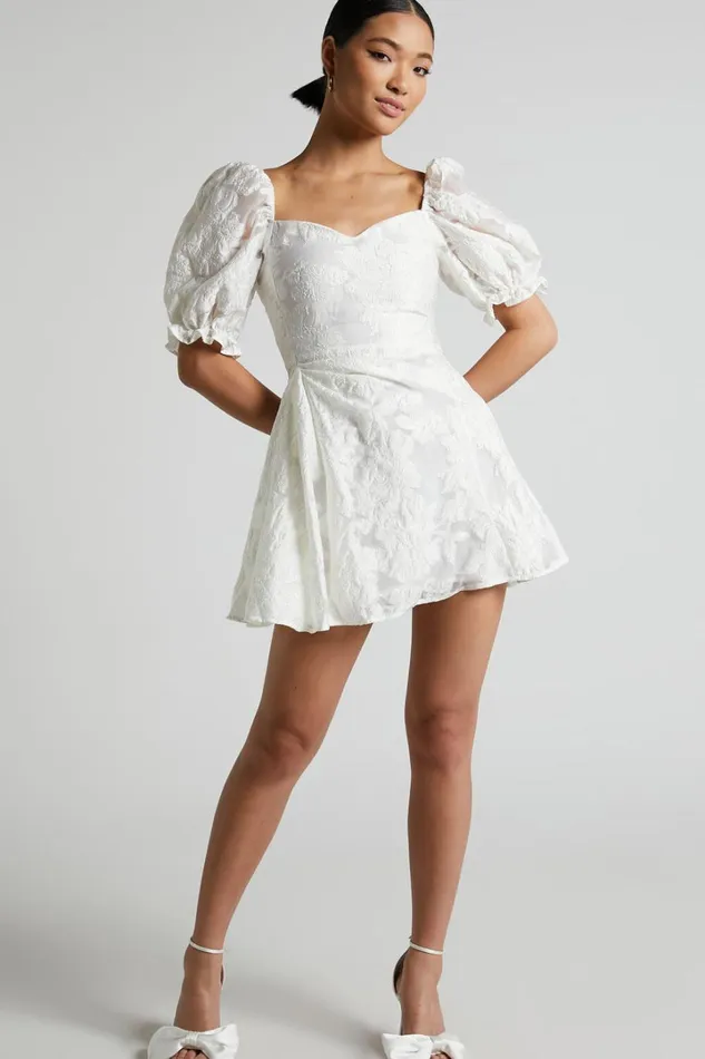 Brailey Mini Dress 8211 Puff Sleeve Fit And Flare Dress In White Women Showpo Curve Clothes