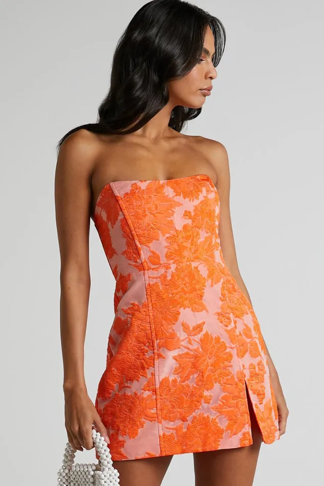 Brailey Mini Dress 8211 Strapless Dress In Orange Jacquard Women Showpo Curve Clothes