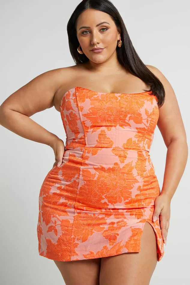 Brailey Mini Dress 8211 Strapless Dress In Orange Jacquard Women Showpo Curve Clothes