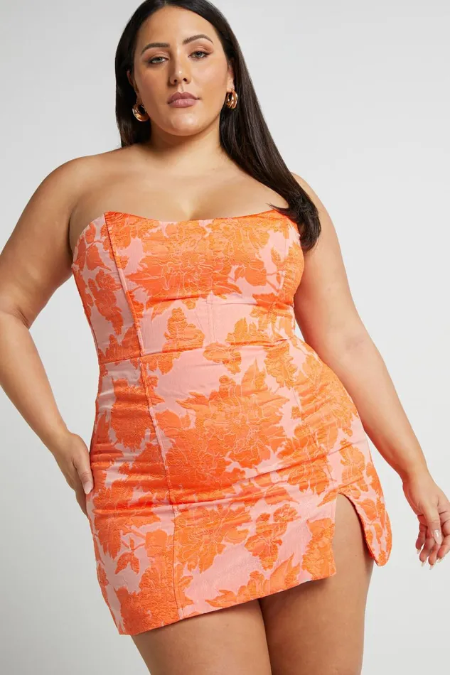 Brailey Mini Dress 8211 Strapless Dress In Orange Jacquard Women Showpo Curve Clothes